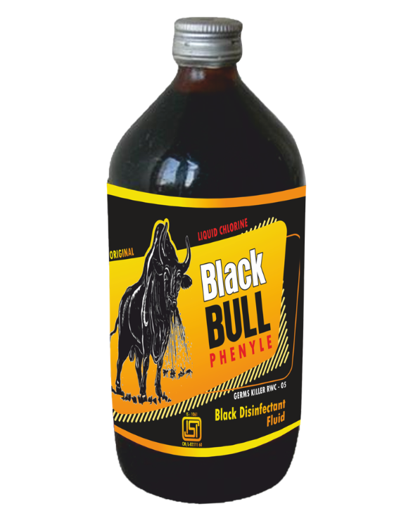 Black BULL Black Phenyl ISI Mark bottle by Vijay Shree Chemical Industries for powerful floor cleaning and disinfectant use.