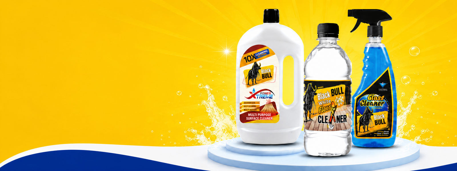 BlackBull Phenyl and cleaning products by Vijayshree Chemical Industries displayed on a bright yellow background, featuring multi-purpose surface cleaner, white floor cleaner, and glass cleaner bottles for powerful home and commercial cleaning solutions.